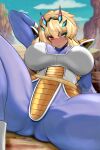  1girl absurdres arm_up armor barghest_(fate) blonde_hair blue_bodysuit blue_sky blush bodysuit breasts cosplay dragon_ball dragon_ball_z fate/grand_order fate_(series) gloves green_eyes heterochromia highres horns large_breasts long_hair looking_at_viewer pauldrons raskasar red_eyes saiyan_armor shoulder_armor sky solo spread_legs thick_thighs thighs vegeta vegeta_(cosplay) white_gloves 