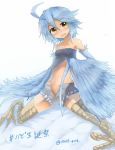  1girl ahoge blue_hair feathered_wings female harpy midriff monster_girl monster_musume_no_iru_nichijou navel papi_(monster_musume) rnd.jpg short_hair short_shorts shorts solo twitter_username wings 