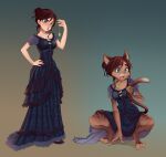 2024 anthro barefoot before_and_after blue_clothing blue_dress blue_eyes breasts brown_body brown_fur claws clothing crouching cursed_object cute_fangs digital_media_(artwork) domestic_cat dress fangs feet felid feline felis female footwear fur growth hair hair_bun hand_on_tail hi_res holding_pendant human human_to_anthro imadeuqom mammal open_mouth red_hair shoes simple_background solo species_transformation standing surprised tail tail_growth teeth transformation whiskers