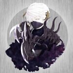  1boy arm_blade armor black_armor black_bodysuit bodysuit brown_horns commentary_request dagger gauntlets grey_background guillotine_cross_(ragnarok_online) hair_between_eyes hair_over_one_eye holding holding_dagger holding_knife holding_weapon horns knife looking_at_viewer male_focus mask mouth_mask ninja_mask pauldrons picojan_w ragnarok_online short_hair shoulder_armor solo upper_body weapon white_eyes white_hair 