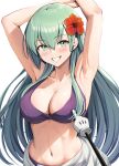  1girl armpits arms_up bikini blush breasts collarbone commentary flower green_eyes green_hair grin hair_between_eyes hair_flower hair_ornament hibiscus highres ichikawa_feesu kantai_collection large_breasts long_hair looking_at_viewer navel purple_bikini red_flower simple_background smile solo suzuya_(kancolle) suzuya_kai_ni_(kancolle) suzuya_kai_ni_(swimsuit)_(kancolle) swimsuit upper_body very_long_hair white_background 