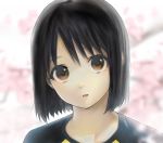  1girl artist_request bangs black_hair looking_at_viewer nakahara_misaki nhk_ni_youkoso! open_mouth parted_lips pink_background shirt short_hair watercolor yellow_eyes yellow_shirt 