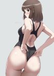  1girl absurdres adjusting_clothes adjusting_swimsuit amagami ass ass_focus black_one-piece_swimsuit blush brown_hair grey_background gyuunyuu_pack_(tanaka) highleg highleg_one-piece_swimsuit highres looking_at_viewer looking_back one-piece_swimsuit racerback short_hair signature simple_background solo spine swimsuit tanaka_keiko_(amagami) thigh_gap 