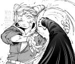  100387l 1girl 1other bruise bruise_on_face cone_hair_bun dirty dirty_clothes dodging double_bun fighting floating_hair frown furrowed_brow gloves greyscale hair_bun half-closed_eye highres hood hood_down hoodie injury jumpsuit long_sleeves looking_at_viewer monochrome partially_fingerless_gloves punching short_hair simple_background tomarigi_yasumi toshi_densetsu_kaitai_center uneven_eyes upper_body white_background 