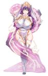  1girl absurdres boots breasts coif commission covered_navel covered_nipples cross full_body garter_straps goddess_of_victory:_nikke green_eyes haron highres large_breasts looking_at_viewer no_panties nun original pelvic_curtain pink_pupils purple_hair revealing_clothes sideboob slime_(creature) slime_(substance) smile solo thigh_boots thighhighs veil 