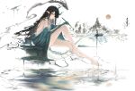  1girl arknights bare_legs bare_shoulders barefoot black_hair chinese_commentary closed_mouth colored_extremities commentary_request dragon dragon_girl dragon_horns dragon_tail dusk_(arknights) eastern_dragon full_body highres holding holding_paintbrush horns ink invisible_chair long_hair looking_at_viewer off_shoulder paintbrush pointy_ears profile sitting solo tail wangzili_shitoumen yellow_eyes 