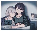  3girls bang_dream! bang_dream!_it&#039;s_mygo!!!!! black_hair black_shirt blurry border bullfalk closed_eyes closed_mouth collarbone depth_of_field grey_hair indoors kaname_raana long_hair mole mole_under_eye multiple_girls purple_eyes shiina_taki shirt short_hair sleeping sleeping_on_person takamatsu_tomori three-quarter_sleeves under_covers white_border white_hair 
