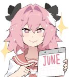  1boy astolfo_(fate) astolfo_(sailor_paladin)_(fate) blush calendar_(object) devijohn fang fate/grand_order fate_(series) otoko_no_ko pink_hair sailor_collar school_uniform skin_fang sparkle sparkling_eyes white_background 