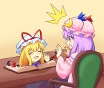  2girls :d :o ^^^ ^_^ blonde_hair blue_bow blush book bow capelet chair closed_eyes commentary_request crescent crescent_hat_ornament desk dot_nose dress gap_(touhou) hat hat_bow hat_ornament mob_cap multiple_girls open_book patchouli_knowledge pink_capelet pink_dress pink_hat purple_eyes purple_hair red_bow sidelocks sideways_mouth simple_background sitting smile striped_clothes striped_dress touhou upper_body v-shaped_eyebrows vertical-striped_clothes vertical-striped_dress waving white_hat wide_sleeves yakumo_yukari yellow_background yoruniwa 