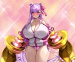  1girl absurdres bare_shoulders bikini blush breasts claw_(weapon) cleavage clothing_cutout fate/grand_order fate_(series) hair_ribbon highres huge_breasts jacket long_hair long_sleeves looking_at_viewer passionlip_(celeb_summer_experience_swimsuit)_(fate) passionlip_(fate) pink_bikini pink_eyes pink_jacket pink_ribbon purple_hair raskasar ribbon shoulder_cutout smile solo sparkle swimsuit thighs very_long_hair weapon 