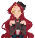  1girl absurdres bare_shoulders black_dress black_gloves black_hat cenemii closed_mouth dress elbow_gloves empress_undergu frilled_dress frilled_gloves frills gloves hat highres hirogaru_sky!_precure interlocked_fingers long_hair multicolored_hair precure red_hair very_long_hair visible_ears worried yellow_eyes 