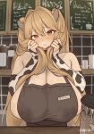  1girl 1other animal_print apron artist_name b_project_18 bare_shoulders black_apron blush breast_milk breasts bridal_gauntlets brown_eyes brown_hair cafe cleavage collar counter covered_nipples cow_girl cow_horns cow_print cow_print_gloves cup disposable_coffee_cup disposable_cup double-parted_bangs elbow_gloves furrowed_brow gloves hair_between_eyes hair_intakes hands_up highres holding holding_cup holding_own_hair horns huge_breasts implied_breast_milk lactation lactation_through_clothes leaking long_hair looking_at_viewer menu naked_apron name_tag original pov pov_hands print_gloves sideboob sweat tile_wall tiles upper_body very_long_hair wavy_hair 