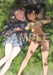  2girls bird black_hair blonde_hair closed_eyes commentary_request dappled_sunlight dark-skinned_female dark_skin flocke_(luminous_witches) garrison_cap grass green_shorts grey_shirt hairband hat jacket kyuu-chan_(luminous_witches) long_hair luminous_witches lying manaia_matawhaura_hato maria_magdalena_dietrich midriff military military_uniform multiple_girls navel official_art on_grass outdoors pillow sample_watermark shimada_fumikane shirt shorts skirt sleeping squirrel stomach sunlight tree watermark world_witches_series 