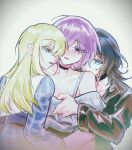  3girls bang_dream! bang_dream!_it&#039;s_mygo!!!!! bite_mark bite_mark_on_shoulder biting_shoulder black_choker black_hair black_jacket blood_on_shoes blue_dress blue_eyes blush choker clothes_pull commentary dress fang girl_sandwich gradient_background green_hair grey_background grey_shirt highres jacket long_hair long_sleeves multiple_girls off-shoulder_shirt off_shoulder open_mouth pink_eyes plaid_clothes plaid_dress purple_hair sandwiched shirt shirt_pull short_hair sweatdrop symbol-only_commentary wakaba_mutsumi yahata_umiri yellow_eyes youren117 yuri yuutenji_nyamu 
