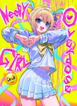  1girl :d blonde_hair blue_bow blue_eyes blue_hair blue_halo blue_serafuku blue_skirt bow chouzetsusaikawa_tenshi-chan chromatic_aberration colorful commentary_request copyright_name cowboy_shot emoji hair_bow hair_ornament halo hands_up heart heart_hair_ornament heart_hands highres korean_commentary long_hair long_sleeves looking_at_viewer midriff_peek miniskirt multicolored_hair multiple_hair_bows needy_girl_overdose ooo8_q open_mouth pink_bow pink_hair pleated_skirt purple_bow quad_tails sailor_collar school_uniform serafuku skirt smile solo standing tears thumbs_down yellow_background yellow_bow 