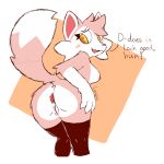 2025 absurd_res anthro anus big_butt black_clothing black_legwear black_stockings blush blush_lines breasts butt butt_heart canid canine chikn_nuggit claws clothed clothing colored colored_sketch digital_media_(artwork) english_text eyelashes female fidelbon fox fox_ears hi_res legwear long_snout mammal milkshek_(chikn_nuggit) partially_clothed presenting presenting_hindquarters signature sketch snout solo speech_bubble stockings text toony true_fox tufted_fur vulva worried yellow_eyes