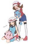  2girls blue_overalls blue_shirt bow brown_hair hat hat_bow highres holding holding_pokemon jigglypuff leaf_(pokemon) lyra_(pokemon) marill multiple_girls newsboy_cap overalls pokemon pokemon_(creature) pokemon_frlg pokemon_hgss porkpie_hat red_skirt shirt skirt sleeveless sleeveless_shirt white_background white_hat wristband x670080 