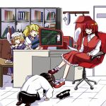  4girls anchor_symbol apologizing begging black_hat blonde_hair blue_sailor_collar bow braid brown_hair cake cape chair clothes_hanger computer computer_mouse cup desk dogeza dress fedora food fruit ghostly_field_club hair_bow hanging hat hat_bow hat_ribbon highres kitashirakawa_chiyuri kuronon long_braid long_hair long_sleeves maribel_hearn mary_janes mimi-chan missile mob_cap monitor mug multiple_girls office_chair okazaki_yumemi on_chair open_mouth purple_dress red_eyes red_hair red_shoes red_vest ribbon sailor sailor_collar sailor_hat sailor_shirt shirt shoes short_hair short_sleeves skirt smile strawberry strawberry_cake swivel_chair touhou touhou_(pc-98) twintails unworn_cape unworn_hat unworn_headwear usami_renko vest white_bow white_shirt 