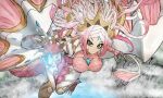  1girl absurdres adeshi_(adeshi0693119) black_eyes breasts colored_skin dragon_girl dragon_horns dragon_tail dragon_wings duel_monster floating_hair forehead_jewel highres horns large_breasts long_hair philia_regis pink_hair pink_skin ringed_eyes solo tail white_hair wings yu-gi-oh! 