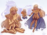  1boy androgynous armor blonde_hair blue_cape blue_eyes boots cape chibi chibi_inset closed_eyes dark-skinned_male dark_skin doodlingwren eating eyelashes food full_body gold_armor gold_cloth gold_saint high_heel_boots high_heels highres holding holding_food holding_mini_person in_palm long_hair looking_at_viewer male_focus middle_finger mini_person miniboy multiple_views nachos open_mouth otoko_no_ko oversized_food oversized_object saint_seiya sitting smile sparkle standing standing_on_one_leg teeth u_u unusually_open_eyes upper_teeth_only virgo_shaka wariza 