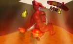 absurd_res anthro burning butt butt_on_fire crown digital_media_(artwork) fire gameplay_mechanics gui hand_on_butt headgear health_bar hi_res horn kobold lava male namemeana nude pain red_body scalie solo tail tail_on_fire