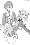  2girls animal_ears belle_(zenless_zone_zero) blush commentary drooling elbow_gloves english_commentary fang gloves greyscale hand_on_another&#039;s_waist high-waist_shorts highres jacket ju_fufu long_hair long_sleeves meous monochrome multiple_girls open_mouth saliva short_hair shorts smile spanking tail tiger_ears tiger_girl tiger_tail twitter_username yuri zenless_zone_zero 