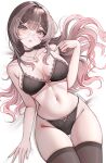  1girl absurdres among_us bare_shoulders black-framed_eyewear black_bra black_choker black_panties black_thighhighs blush bow bow_bra bow_panties bra breasts breasts_apart brown_hair chaisia_art choker collarbone commentary crewmate_(among_us) english_commentary fingernails floral_print floral_print_bra floral_print_panties glasses gradient_hair green_eyes hair_between_eyes hair_ornament hairclip hand_up highres jewelry lace-trimmed_bra lace-trimmed_panties lace_trim large_breasts lips long_hair looking_at_viewer lying michi_(chaisia_art) multicolored_hair navel on_back original paid_reward_available panties parted_lips patreon_username pendant pink_hair red_(among_us) round_eyewear solo stomach string_panties thighhighs underwear underwear_only very_long_hair 