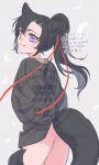  1boy aged_down animal_ears arms_behind_back ass black_hair black_hanfu bottomless chinese_clothes closed_mouth cowboy_shot dated falling_leaves fox_boy fox_ears fox_tail from_behind grey_background hair_between_eyes hair_ribbon hanfu highres kemonomimi_mode kimako_(kimako_8) leaf long_hair long_sleeves looking_at_viewer looking_back male_focus modao_zushi no_panties otoko_no_ko ponytail purple_eyes red_ribbon ribbon robe simple_background smile solo tail twitter_username watermark wei_wuxian white_background 