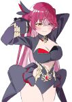  1girl absurdres black_leotard blush breasts cleavage closed_mouth colored_inner_hair heterochromia highres hololive houshou_marine large_breasts leotard long_hair looking_at_viewer mahou_shoujo_holowitch! mugi0913 multicolored_hair official_alternate_costume pink_hair red_eyes red_hair shirt smile solo streaked_hair very_long_hair virtual_youtuber yellow_eyes 
