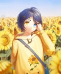  1girl bag blue_eyes blue_hair blue_sky blurry blurry_background blurry_foreground bright_pupils closed_mouth commentary english_commentary floral_print flower hair_ornament hand_in_own_hair hand_up heterochromia highres hood hoodie light_particles looking_at_viewer nature numanoan ooto_ai outdoors print_hoodie short_hair sky solo sunflower sunflower_print triangle_hair_ornament upper_body white_pupils wonder_egg_priority yellow_eyes yellow_hoodie 