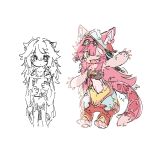  ears_through_headwear fangs full_body furrification furry goggles goggles_on_head helmet highres hololive hololive_english long_hair looking_at_viewer made_in_abyss nanachi_(made_in_abyss) non-web_source one_eye_closed open_mouth outstretched_arms pants pink_hair puffy_pants pulle_282 raora_panthera simple_background source_request virtual_youtuber white_background yellow_eyes 