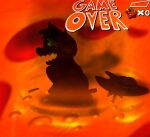 absurd_res anthro bottomless burning butt butt_on_fire charred cigar clothed clothing cowboy_hat demon digital_media_(artwork) fire game_over gameplay_mechanics gloves gremile_&#039;hotshot&#039; gui hand_on_butt handwear hat headgear headwear health_bar hi_res imp kerchief kings_of_hell lava male namemeana pain solo topwear vest