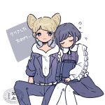  2girls :3 backpack bag blonde_hair blue_eyes blue_hair blue_jumpsuit blue_skirt blush closed_eyes closed_mouth collared_shirt commentary_request cone_hair_bun double_bun feet_out_of_frame frilled_shirt frilled_sleeves frills fukurai_azami hair_bun holding holding_bag hood hoodie invisible_chair jumpsuit leaning_on_person long_sleeves looking_at_another multiple_girls pantyhose puffy_sleeves shirt short_hair sitting skirt sleeping sleeping_on_person sleeping_upright smile tomarigi_yasumi toshi_densetsu_kaitai_center translation_request tsumiki_(svooooof) white_background white_hoodie white_pantyhose white_shirt 