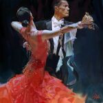  1boy 1girl black_hair black_jacket dancing dress formal_clothes hair_bun highres holding_hands jacket looking_to_the_side original pablo_uchida realistic red_dress 