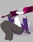 2023 absurd_res anthro breasts delphox facial_scar female generation_6_pokemon greatsword happy hi_res jordangtxle melee_weapon mother_(lore) nintendo parent_(lore) pokemon pokemon_(species) purple_body purple_eyes rosemary_flowers scar shiny_pokemon sitting small_breasts solo sword sword_on_shoulder tail weapon