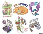  alolan_geodude artist_name ball bat_(animal) car dragon dragonite drifloon elcajarito english_text gardevoir geodude golbat heart heart-shaped_pupils highres ludicolo magazine_(object) motor_vehicle no_humans nose_bubble plant pokemon pokemon_(creature) potted_plant pun race_vehicle racecar rake simple_background sleeping soccer_ball symbol-shaped_pupils white_background 