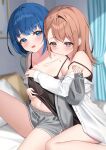  2girls biting_shoulder black_camisole blue_eyes blue_hair blush camisole charl2837 collarbone commentary_request curtains grabbing_another&#039;s_breast grabbing_from_behind grey_eyes grey_shirt grey_shorts groping hanasato_minori hickey highres indoors kiritani_haruka long_hair multiple_girls on_bed open_mouth orange_hair pillow project_sekai shirt short_hair short_shorts shorts strap_slip yuri 
