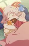  1girl biting blanket blush closed_eyes commentary_request curly_hair earrings grey_hair head_on_pillow hoop_earrings horn_ornament horn_ribbon horns hugging_doll hugging_object jewelry kimi3735 pillow pointy_ears red_horns red_sleeves ribbon sharp_teeth sheep_horns sleeping solo stuffed_animal stuffed_sheep stuffed_toy teeth touhou toutetsu_yuuma under_covers 