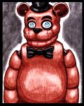 2014 animatronic anthro bear black_border black_bow_tie black_eyebrows black_nose black_top_hat blood blood_on_face blue_eyes bodily_fluids border bow_tie brown_body colored colored_pencil_(artwork) english_description eyebrows five_nights_at_freddy&#039;s freddy_(fnaf) grey_background half-closed_eyes hi_res light lighting looking_at_viewer machine male male_anthro mammal mouth_closed narrowed_eyes robot scottgames shaded simple_background solo tehcreechibi traditional_media_(artwork) whisker_spots
