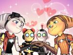 2025 anthro belt blue_eyes blush clank_(ratchet_and_clank) clothing cybernetic_arm cybernetic_limb ear_piercing ear_ring eye_contact eyebrows eyewear eyewear_on_head female fur gloves goggles goggles_on_head green_eyes group handwear heart_symbol hi_res kit_(ratchet_and_clank) lombax looking_at_another machine male mammal piercing ratchet_(ratchet_and_clank) ratchet_and_clank ring_piercing rivet_(ratchet_and_clank) robot scarf sony_corporation sony_interactive_entertainment sparkles striped_body striped_fur stripes viwhi_art