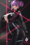  1girl absurdres bb_(fate) bb_(fate/extra) black_bodysuit blush bodysuit breasts card cleavage cosplay double_bun fate/grand_order fate_(series) goddess_of_victory:_nikke hair_bun highres index_finger_raised large_breasts laser latex latex_bodysuit long_hair looking_at_viewer parted_lips purple_eyes purple_hair quency_(escape_queen)_(nikke) quency_(nikke) quency_(nikke)_(cosplay) raskasar solo zipper 