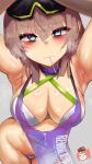  1girl aa-12_(girls&#039;_frontline) absurdres apron armpits arms_up bare_hips bikini bikini_top_only black-framed_eyewear blue_eyes blush breasts brown_hair brown_hat candy cheeta_(girls&#039;_frontline_2) choker cleavage close-up commentary criss-cross_halter dot_nose downblouse english_commentary extended_downblouse eyewear_on_head food food_in_mouth girls&#039;_frontline girls&#039;_frontline_2:_exilium goggles goggles_on_head green_trim grey_background groin hair_between_eyes halterneck hat highres leaning_forward lind_(neural_cloud) lollipop lollipop_in_mouth looking_at_viewer m_e_e_p_y maebari mp7_(girls&#039;_frontline) presenting presenting_armpit presenting_breasts purple_apron purple_choker red_hair shiny_skin simple_background sweat sweaty_armpits sweaty_breasts swim_goggles swimsuit swimsuit_cover-up very_sweaty white_bikini 