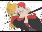  2boys akatsuki_uniform black_nails blonde_hair blood blood_from_mouth blue_eyes deidara_(naruto) doll_joints dying english_text extra_mouth eyeliner fishnet_top fishnets green_nails grin hayamin35 high_ponytail hug implied_yaoi injury jewelry joints long_hair looking_at_another makeup male_focus multiple_boys naruto_(series) naruto_shippuuden open_clothes open_robe pole ponytail red_eyes red_hair ring robe sasori_(naruto) short_hair simple_background smile white_background 