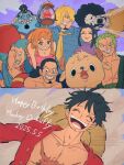  2girls 6+boys ^_^ afro antlers black_hair blonde_hair blue_eyes brook_(one_piece) buzz_cut character_name closed_eyes cloud curly_eyebrows dated facial_hair franky_(one_piece) goatee green_hair happy_birthday hat horns jinbe_(one_piece) long_hair long_nose lying monkey_d._luffy multiple_boys multiple_girls nami_(one_piece) necktie nico_robin on_back one_piece orange_hair reindeer_antlers roronoa_zoro sanji_(one_piece) scar scar_on_chest scar_on_face sharp_teeth short_hair skeleton smile straw_hat straw_hat_pirates teeth telushake_opnk tony_tony_chopper tusks usopp v-shaped_eyebrows very_short_hair yellow_necktie 