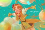  1boy absurdres arms_up balloon blue_sky cenemii closed_eyes confetti cure_wing flying frilled_shorts frills gloves hair_ornament happy_birthday hat highres hirogaru_sky!_precure long_hair mini_hat mini_top_hat open_mouth orange_gloves orange_hair precure puffy_short_sleeves puffy_sleeves short_sleeves shorts sky teeth top_hat upper_teeth_only wing_hair_ornament yellow_gloves 