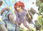  2boys 2girls :d axe blue_skin blue_sky breasts colored_skin commentary_request cross cross_necklace day dress fake_horns feet_out_of_frame female_orc garter_straps green_eyes green_skin grey_thighhighs heart helmet high_orc_(ragnarok_online) hitting holding holding_axe holding_mace holding_shield holding_weapon horned_helmet horns jewelry juliet_sleeves long_sleeves looking_at_another mace medium_breasts micoto multiple_boys multiple_girls necklace open_mouth orc orc_lady_(ragnarok_online) orc_warrior_(ragnarok_online) outdoors priest_(ragnarok_online) puffy_sleeves purple_dress ragnarok_online red_eyes red_hair shield short_hair side_slit sky smile spoken_heart thighhighs tusks v-shaped_eyebrows weapon 