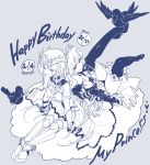  2017 2girls 3girls alternate_costume armor armored_dress bare_shoulders bird boots bow braid breasts cape chain cleavage closed_eyes closed_mouth crown detached_sleeves dress dual_persona elbow_gloves english_text feathers frills full_body giuniu gloves greaves grey_background hair_bow hair_ornament heart high_heels highres holding_hands jewelry kiss large_breasts limited_palette long_hair long_sleeves looking_at_another looking_at_viewer maid maid_headdress medium_breasts monochrome morigan_raven multiple_girls one_eye_closed queen_mary_(uchihime) short_hair short_sleeves siblings simple_background sisters sitting skirt sleeping smile standing thigh_boots thighhighs tiara uchi_no_hime-sama_ga_ichiban_kawaii very_long_hair yuri zettai_ryouiki 