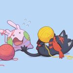  &gt;_&lt; :3 blue_background cat closed_eyes closed_mouth flying_sweatdrops goomy highres litten lying no_humans numera_goomy on_back open_mouth pokemon pokemon_(creature) simple_background yarn yarn_ball 