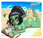 bangs beach big_butt black_hair book breasts butt casual_nudity colored_nails delicioussoup eyewear eyewear_only feet female freckled_breasts freckled_butt freckled_face freckled_shoulders freckles glasses glasses_only goblin green_body green_skin hair heart_symbol hi_res humanoid humanoid_feet looking_at_viewer nails nude open_book plantigrade reading reading_book round_glasses seaside small_breasts smile snaggle_tooth solo sunglasses wearing_glasses yellow_nails
