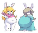2023 3_fingers anthro belly big_belly black_eyebrows blonde_hair blue_eyes bottomless bottomless_anthro bottomless_female breasts brown_hair cellphone cleavage clothed clothed_anthro clothed_female clothing colored crossover crown digital_drawing_(artwork) digital_media_(artwork) dress duo electronics english_description eyebrow_through_hair eyebrows eyelashes featureless_crotch featureless_feet feet female female_anthro fingers frown fur grey_eyelids hair hair_over_eye half-closed_eyes headgear hi_res holding_cellphone holding_object holding_phone huge_belly lagomorph light lighting lips long_ears long_hair mammal mario_bros mario_plus_rabbids_kingdom_battle mario_plus_rabbids_sparks_of_hope narrowed_eyes navel navel_outline nintendo noseless obese obese_anthro obese_female open_frown open_mouth overweight overweight_anthro overweight_female phone pink_clothing pink_lips pink_shirt pink_tongue pink_topwear princecoffeecakes pupils rabbid rabbid_peach rabbid_rosalina raving_rabbids rayman_(series) shaded shirt simple_background small_breasts smile standing tan_inner_ear teal_clothing teal_dress teeth thick_thighs tongue topwear translucent translucent_hair ubisoft white_background white_body white_fur white_pupils